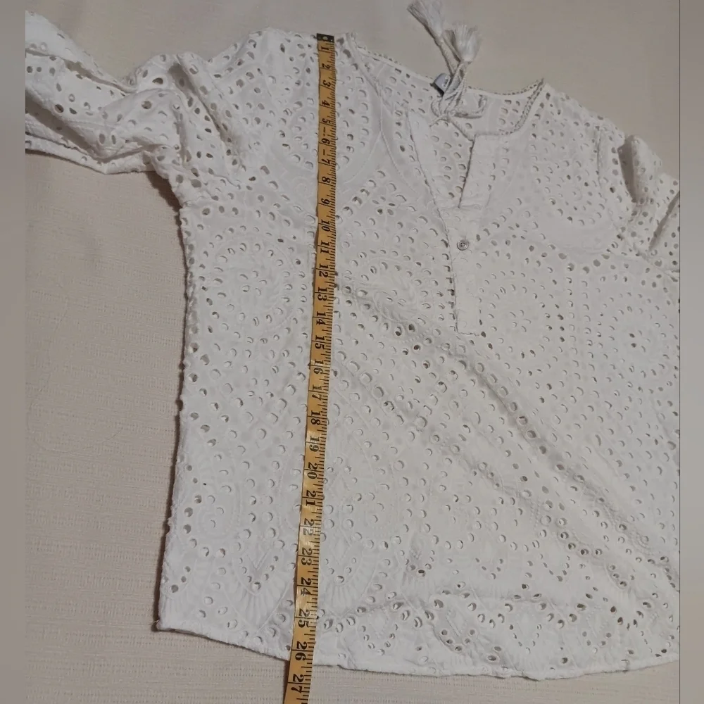 Chicos Eyelet Tunic Top White Tassled Cotton Cottagecore Boho Coastal SZ 16/18 - Picture 6 of 10